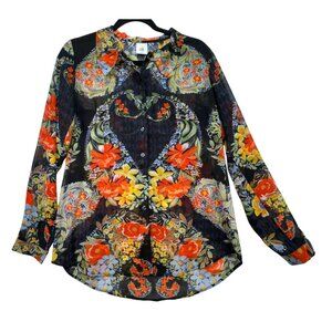 Cabi Womens Amour Sheer Tunic Blouse Size S Black Floral Button-Up Boho Casual